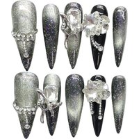 10 Pieces Dark Lolita Handmade Press On Nails Luxury French Gradient Cat Eye Glitter Fake Nails Removable Reusable