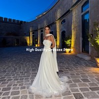 Evening Dresses White Satin Strapless Ruched Feather Train Long Formal Gown Wedding Reception Bridal Party Dress Customized