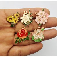10pcs Enamel Flower Charm for Jewelry Accessories Diy Making Earring Bracelet Keychain Pendant Craft Alloy Metal Gold Plated
