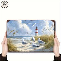 Vintage Coastal Lighthouse Metal Wall Art – Rustic Beach Tin Sign for Bathroom, Bar, Patio or Beach House Decor, 8x12 Inch