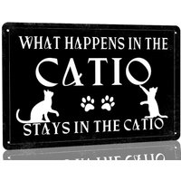 KanaAt Funny Cat House Sign What Happens in the Catio Stays Metal Tin Home Pet Wall Decor Vintage Lover