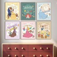 Vintage Disney Princess Art Prints Cinderella, Snow White, Belle, Ariel, Aurora, Rapunzel Canvas Painting Girls Room Decor