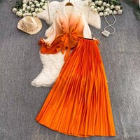 High Quality 2 Piece Set Women Belt Batwing Sleeves Gradient Color Tops Solid A Line Long Dress Fashion Summer New Sets