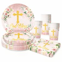 God Bless Tableware Pink Cross Communion Decorations for Girls Disposable Plates Cups Napkins for First Holy Communion Baptism