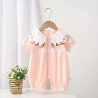Baby Girls' Cotton Romper Summer Short-Sleeve Jumpsuit with Bunny & Flower Embroidery Breathable Clothes for Daily Wear
