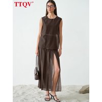 TTQV Summer Loose Brown Two Piece Outfits Woman 2026 Fashion Sleeveless Tank Top With High Waist Long Skirt Set Female Clothing