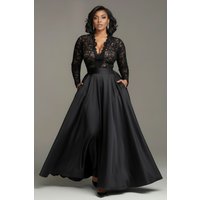 Sexy V-Neck Cocktail Plus Size Dress for Women's Pockets Long Sleeve Elegant Satin Lace Patchwork Wwedding Guest Evening Dress