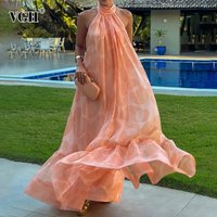 VGH Holiday Spliced Folds Backless Robe for Women Haler Sleeveless Loose Plus Size Dot Printing Temperament Dresses Female New