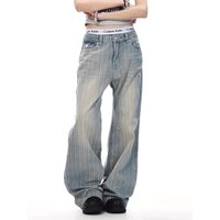 Vintage American Flag Striped Distressed Denim Jeans Loose Fit High Street Micro Flare Trousers for Men Women Casual Style