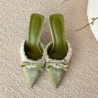 Bow Lace Women Sandals High Heels Slippers Pointed Toe Shoes Summer 2026 Elegant Pumps Fashion Slingback Shoes Dress Flip Flops