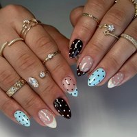 Medium fake nails for women girl fashion polka dots design black blue full cover french almond nail tips press on false nail art
