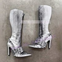 Sexy Black White Gradient Crocodile Tall Boots Women Stylish Pointy Toe Buckle Strap Shoes Ladies Leather Splicing Sewing Boots image 3