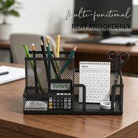 Mesh Desktop Organizer Caddy, 3-Compartment with Pencil Holder & Storage Baskets for Office Supplies & Accessories, Black