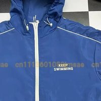 Casual Blue Hooded Windbreaker Jacket - KEEP SWIMMING Print, Zip-Up Coat with White Piping, Unisex Streetwear