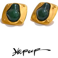 Yhpup Fashion Stainless Steel Cast Stud Earrings for Women Statement Jewelry Inlaid Green Resin Stone 18k Gold PVD Plated Gift