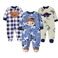 Infant Boys Plaid Cartoon Print Polar Fleece Footed Romper Cute Animal Embroidery Zipper Onesie Warm Autumn Winter Baby Clothes
