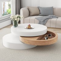 PINGGO Round rotating coffee table, 360° rotating tabletop, end table, 3 layer sofa sidetable, 60*60*35,1 cm, MDF, white +wood