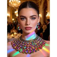 Luxury Oversized Statement Jewelry Set for Women Exaggerated Rainbow Bib Necklace And Earrings Combo for Party Prom Wedding