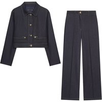 Collar long sleeved contrasting stitching short jacket, high waisted straight leg ribbed casual pants set