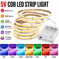 5V COB LED Strip 8MM Width 320LEDs/M 3AA Battery Powered Flexible Light Warm Natural Cool White for Bedroom Cabinet TV Backlight