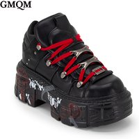 GMQM Punk Style Fashion Women's Flat Platform Ankle Boots Black Red High Heels Round Toe Thick Sole Rock Booties Metal Decor Y2k