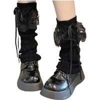 Y2K Japanese Lolita Girls Lace Bow Leg Warmer Women Knitted Warm Foot Cover Black White Knee Warmers Long Socks JK Crochet Socks