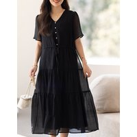 Summer Casual Chiffon Dress Women's New plus Size Hide Meat Loose High-End Feeling Skirt A-Line Short Sleeve V-Neck Button-Up