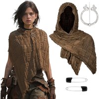 Post Apocalyptic Tattered Hooded Shawl Set Distressed Ripped Scarf Vintage Brooch Safety Pins Medieval Renaissance Halloween