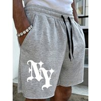 Men’s Regular Fit Grey NY Gothic Print Shorts - Raw Hem Drawstring Casual Wear