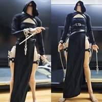 1/6 Female Assassin Clothes Set Black Hooded Nightwear Sexy Hollowed Breast High Split Dress with Weapon for 12" Action Figure