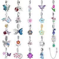 925 Sterling Silver Dangle Charms Butterfly Tulip Daisy Flower Ladybug Fit Original Women Spring DIY Jewelry Gift