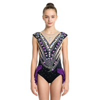 Girls Black Purple Rhinestone Gymnastics Leotard Cap Sleeve Competition Rhythmic Gymnastics Ruffle Skirt Performance Dancewear