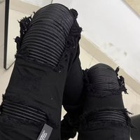High Street Patchwork Leather Jeans Men's Trendy Destroyed Washed Slim Fit Jeans Dark Style Poor Boy Pants Versatile Style