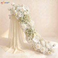 New White Rose Baby Breath Anthurium Artificial Flower Arrangement Champagne Chiffon Drape Wedding Arch Table Runner Floral Row