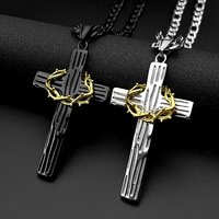 Hip Hop Two-Tone Crown of Thorns Jesus Cross Pendant Necklace for Men Stainless Steel Gold Silver Color Crucifix Chain Jewelry