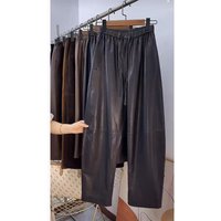 Luxury Genuine Leather Pants High Quality Women Elastic Waist Drawstring Trousers Wide Leg Pants