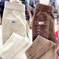 Elegant Women Streetwear Korean Fashion Casual Pant Solid Corduroy Harlan Button Pockets Pants New Autumn Winter Pants Plus Size