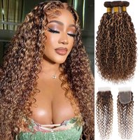 100% Human Hair Highlight Water Wave Bundles With Closure Wet and Wavy Ombre Honey Blonde Curly Bundles With 4x4 HD Lace Closure image 4