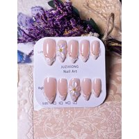 10 pieces of handcrafted white threaded French line 3D flowers press-on nails, elegant, romantic, minimalist, high-end, sexy and