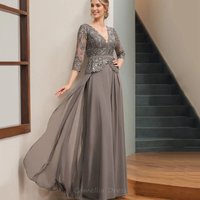Customized Elegant Vintage Dress Formal Occasion Chiffon Lace A Line Wedding Party Gowns V Neck Mother Dresses For Bride