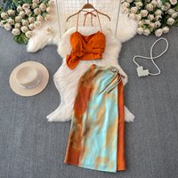 Gradient Tie Dyeing Half Skirt Set Summer Women's Hanging Neck Sleeveless Short Top A-line Slim Skirts Beach 2Pieces Set