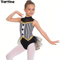 Kids Girls Latin Jazz Dance Performance Outfits Circus Leotard Costume Sequins Trim Striped Leotard Tulle Skirted Bodysuit