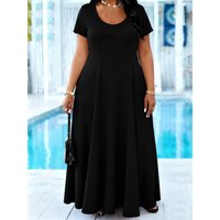 Plus Size Women's Solid Black Maxi Dress Summer Casual Short Sleeve Crew Neck A Line Flowy Long Dress With Pocket Beach dresses