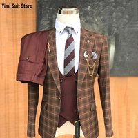 Classic Plaid Men's Suits 3 Pieces with Peaked Lapel Single Breasted Formal Prom Slim Blazer Business Jacket+Pants Customized
