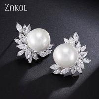 ZAKOL Stylish White Color Imitation Pearl Stud Earrings for Women Trendy Leaf Cubic Zirconia Earring Wedding Party Jewelry