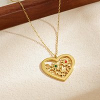 Stainless Steel Golden Hollow Out Heart Flower Inlay Colored Rhinestones Lady Fashion Waterproof Neck Chain Jewelry