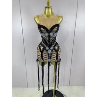 Sparkle Sequins Embroider Sparking Diamonds Long Tassel Sleeveless Mini Dress Women Red Carpet Goddess Stage Performance Costume