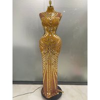 Luxury Shiny Mirror Rhinestones Hollowed-out Long Dress 2026Women Celebrity Evening Party Catwalk Prom Stage Photo Shoot Dresses