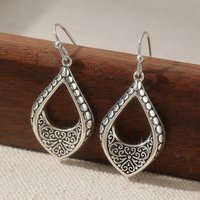 Vintage Ethnic Women's Silvery Plated Carving Waterdrop Shaped Dangle Earrings Fashion Holiday Jewelry Accessories Perfect Gifts