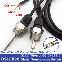 DS18B20 Digital Temperature Sensor G1/2" Thread Probe DIA=8mm PVC 3-core Wire SUS304 Stainless Steel Shell L30-200mm